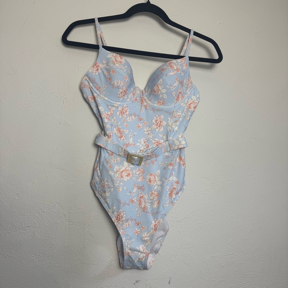 We Wore What Floral High Hip Belted Structured Cup Coquette‎ One Piece Swimsuit